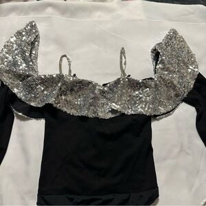 Muse Sequin Ruffled Long Sleeve Blouse Black and White